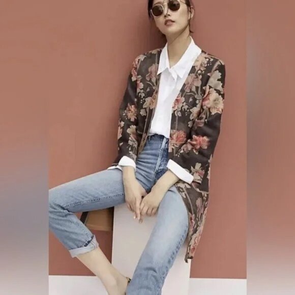 Catherine Malandrino Floral Faux Suede Long Open Front Jacket S - Picture 4 of 7